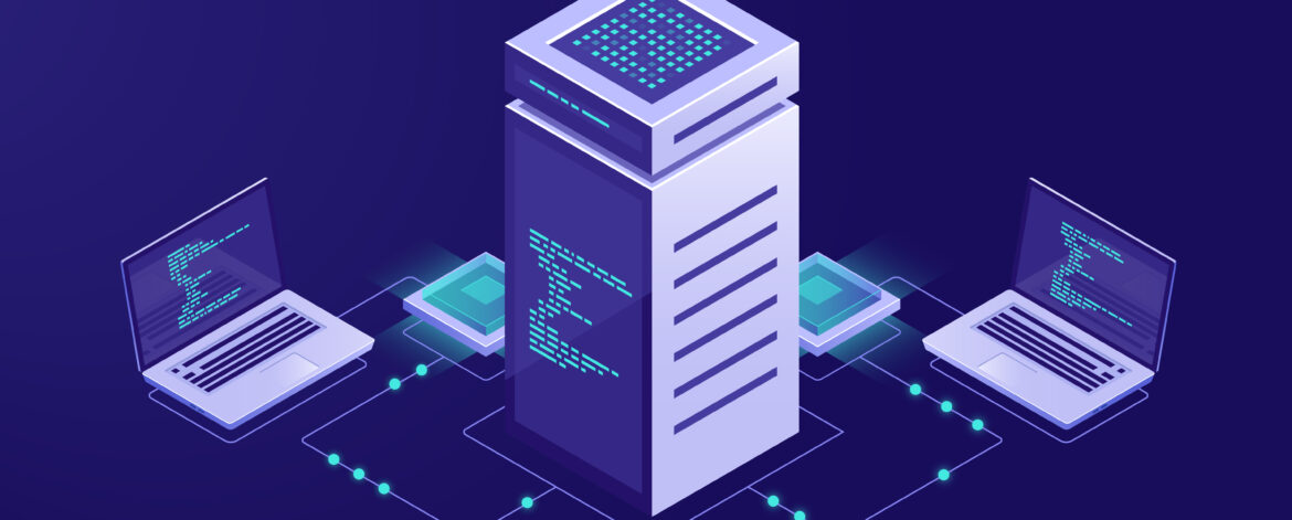Big data processing concept, server room, blockchain technology token access, data center and database, network connection isometric illustration vector neon